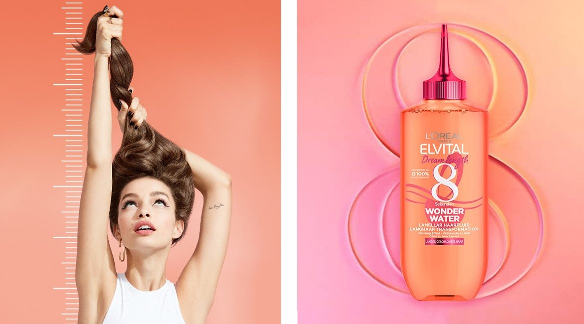 Ein Frau zieht ihre lHaare lang & Produktabbildung Elvital Dream Length Wonder Water Haarfluid